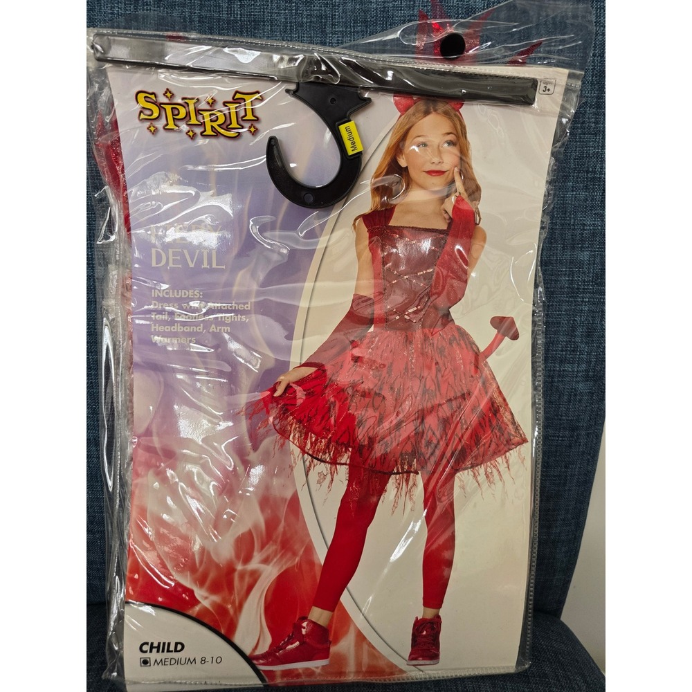 Spirit Halloween Fiery Devil Costume Kids Medium 8-10 Red Dress Headband Tights